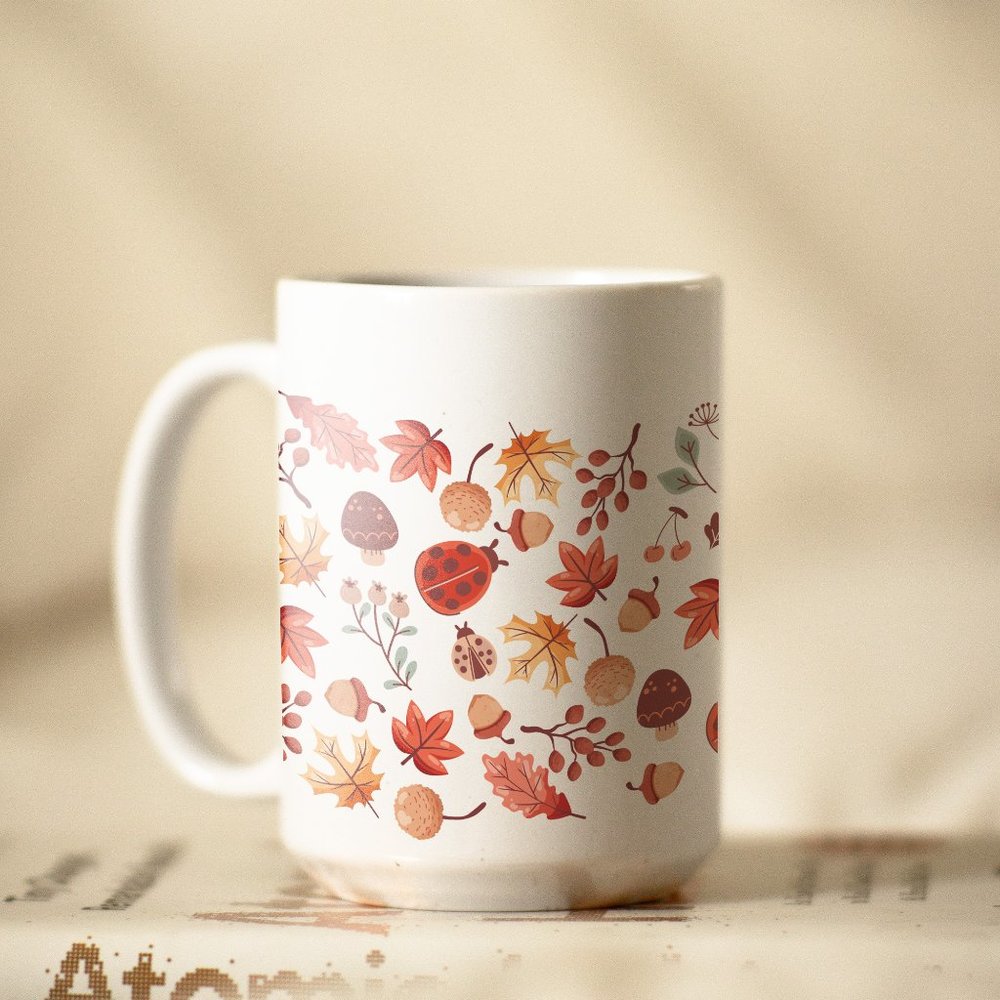 Autumn Ladybugs Coffee Mug. Thanksgiving Coffee Cup. Fall 15oz Ceramic Mug.